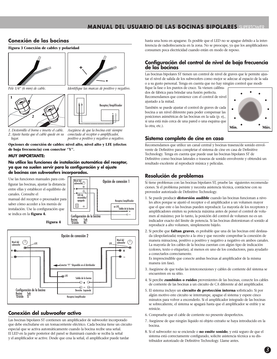 Manual del usuario de las bocinas bipolares, Conexión de las bocinas, Conexión del subwoofer activo | Sistema completo de cine en casa, Resolución de problemas | Definitive Technology SUPERTOWER BP-8040ST User Manual | Page 11 / 12