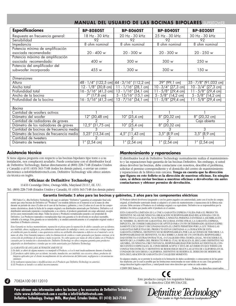 Manual del usuario de las bocinas bipolares | Definitive Technology SUPERTOWER BP-8040ST User Manual | Page 12 / 12