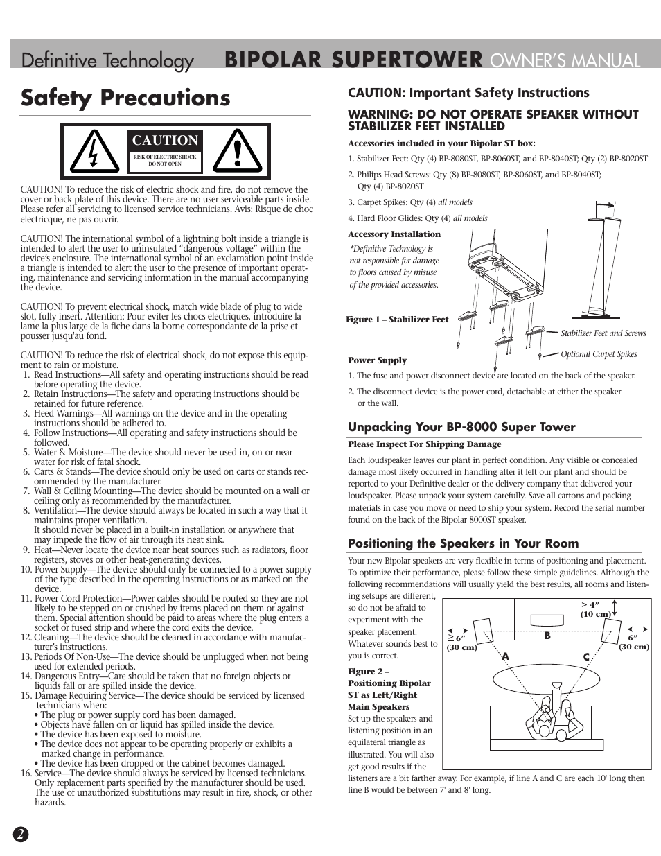 Safety precautions, Bipolar supertower, Definitive technology | Owner’s manual, Caution, Caution: important safety instructions | Definitive Technology SUPERTOWER BP-8040ST User Manual | Page 2 / 12