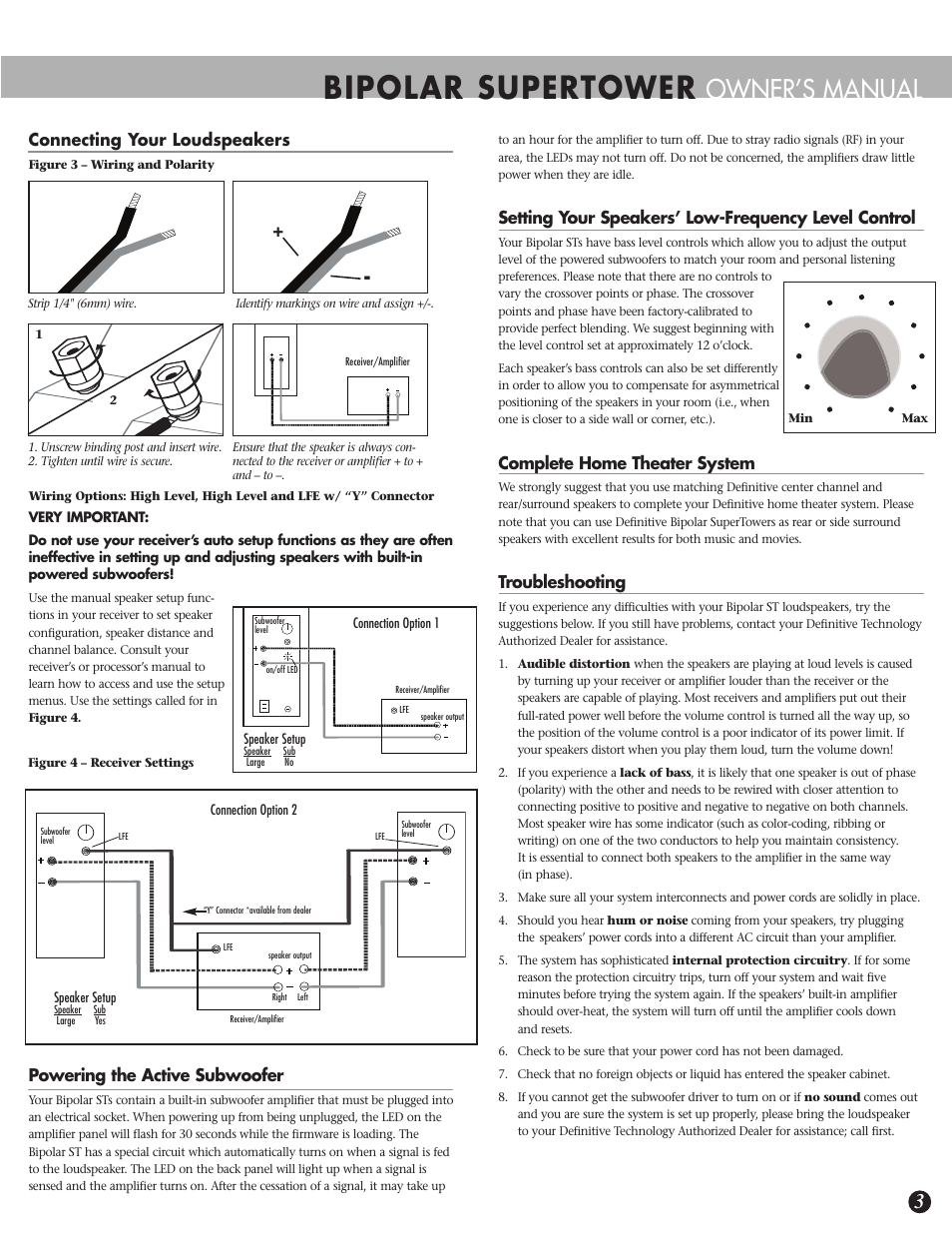 Bipolar supertower, Owner’s manual, Connecting your loudspeakers | Powering the active subwoofer, Setting your speakers’ low-frequency level control, Complete home theater system, Troubleshooting | Definitive Technology SUPERTOWER BP-8040ST User Manual | Page 3 / 12
