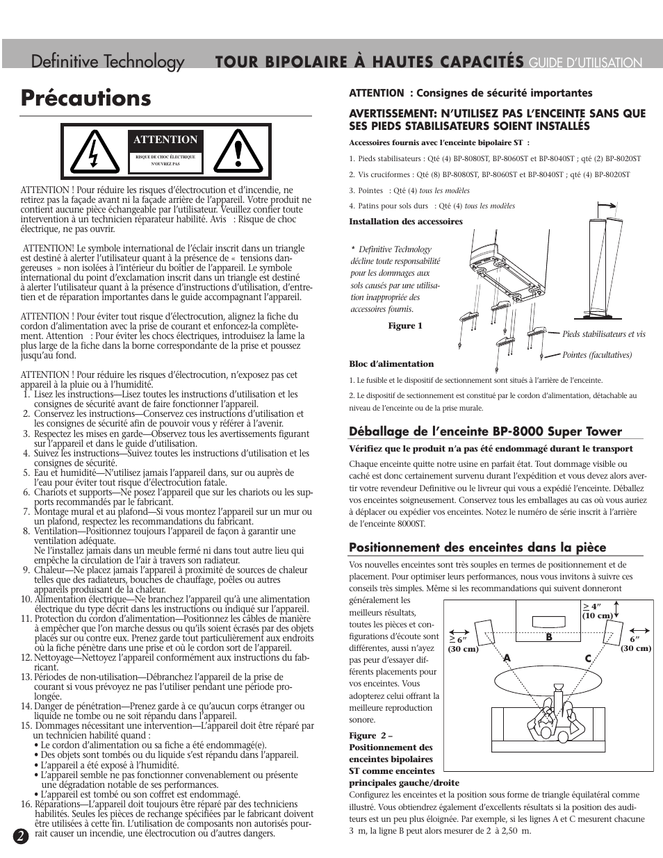 Précautions, Definitive technology, Tour bipolaire à hautes capacités | Guide d’utilisation | Definitive Technology SUPERTOWER BP-8040ST User Manual | Page 6 / 12