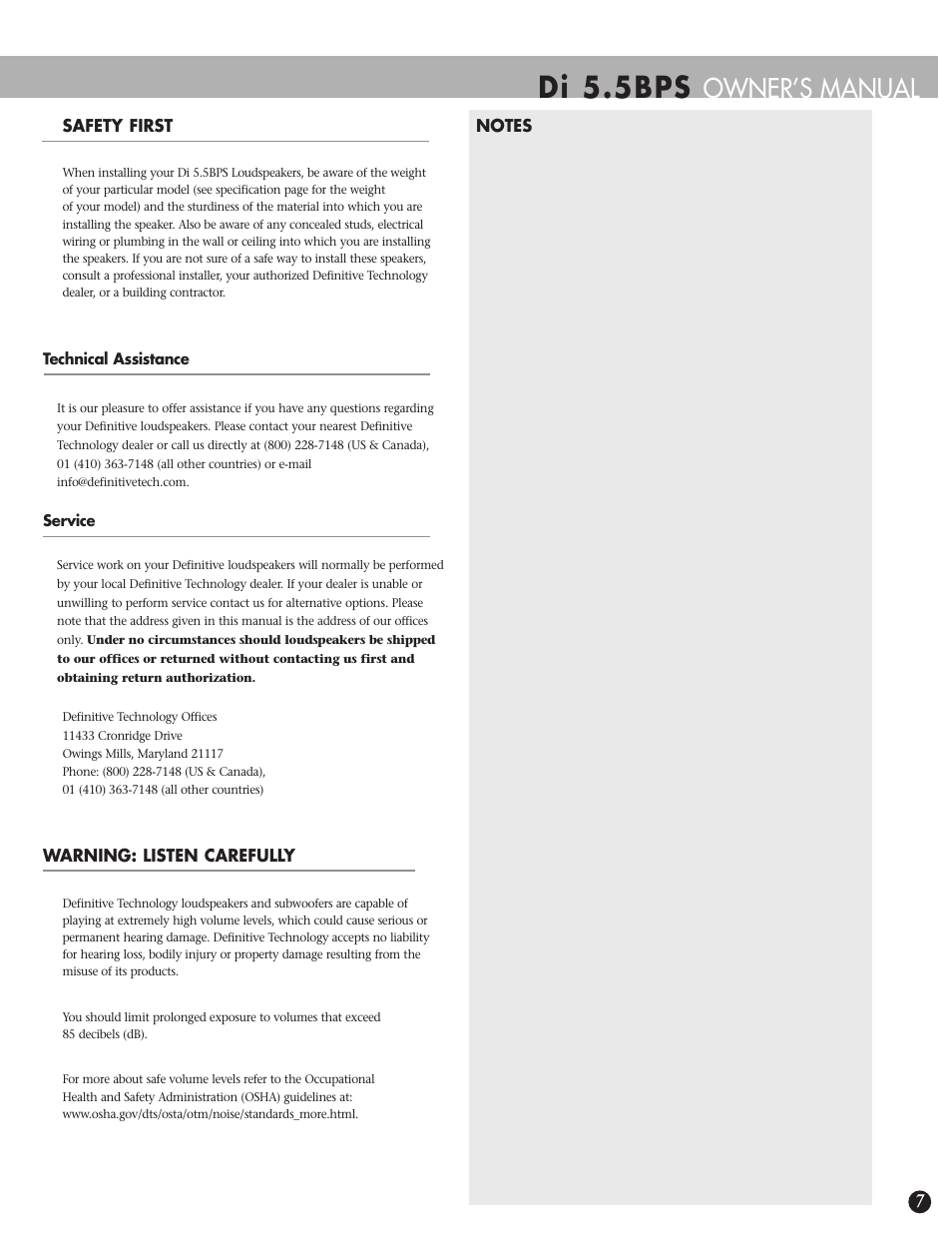 Di 5.5bps, Owner’s manual | Definitive Technology DI 5.5BPS User Manual | Page 7 / 8