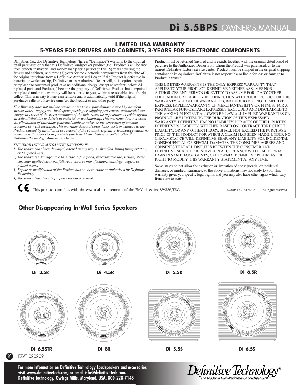 Di 5.5bps, Owner’s manual | Definitive Technology DI 5.5BPS User Manual | Page 8 / 8