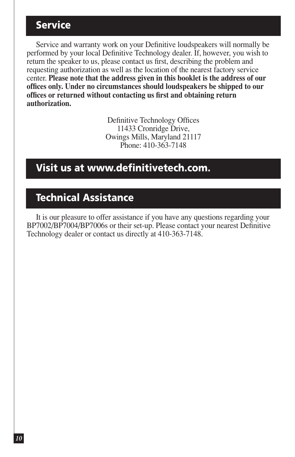 Service, Technical assistance | Definitive Technology DEFINITIVE BP7004 User Manual | Page 10 / 12