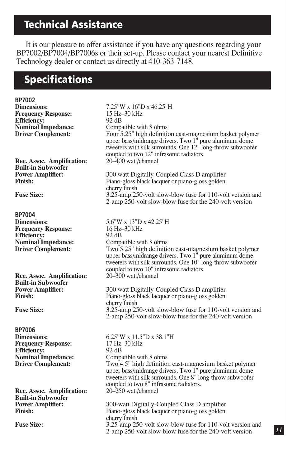 Technical assistance, Specifications | Definitive Technology DEFINITIVE BP7004 User Manual | Page 11 / 12