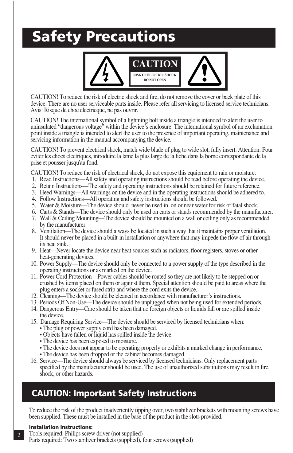 Safety precautions, Caution, Caution: important safety instructions | Definitive Technology DEFINITIVE BP7004 User Manual | Page 2 / 12