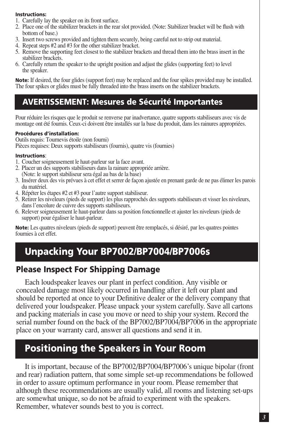 Avertissement: mesures de sécurité importantes, Please inspect for shipping damage | Definitive Technology DEFINITIVE BP7004 User Manual | Page 3 / 12