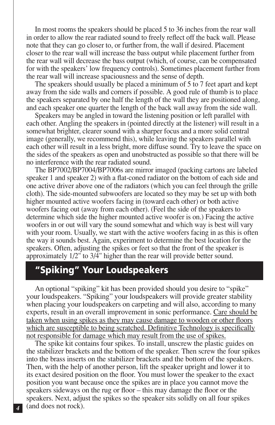 Spiking” your loudspeakers | Definitive Technology DEFINITIVE BP7004 User Manual | Page 4 / 12