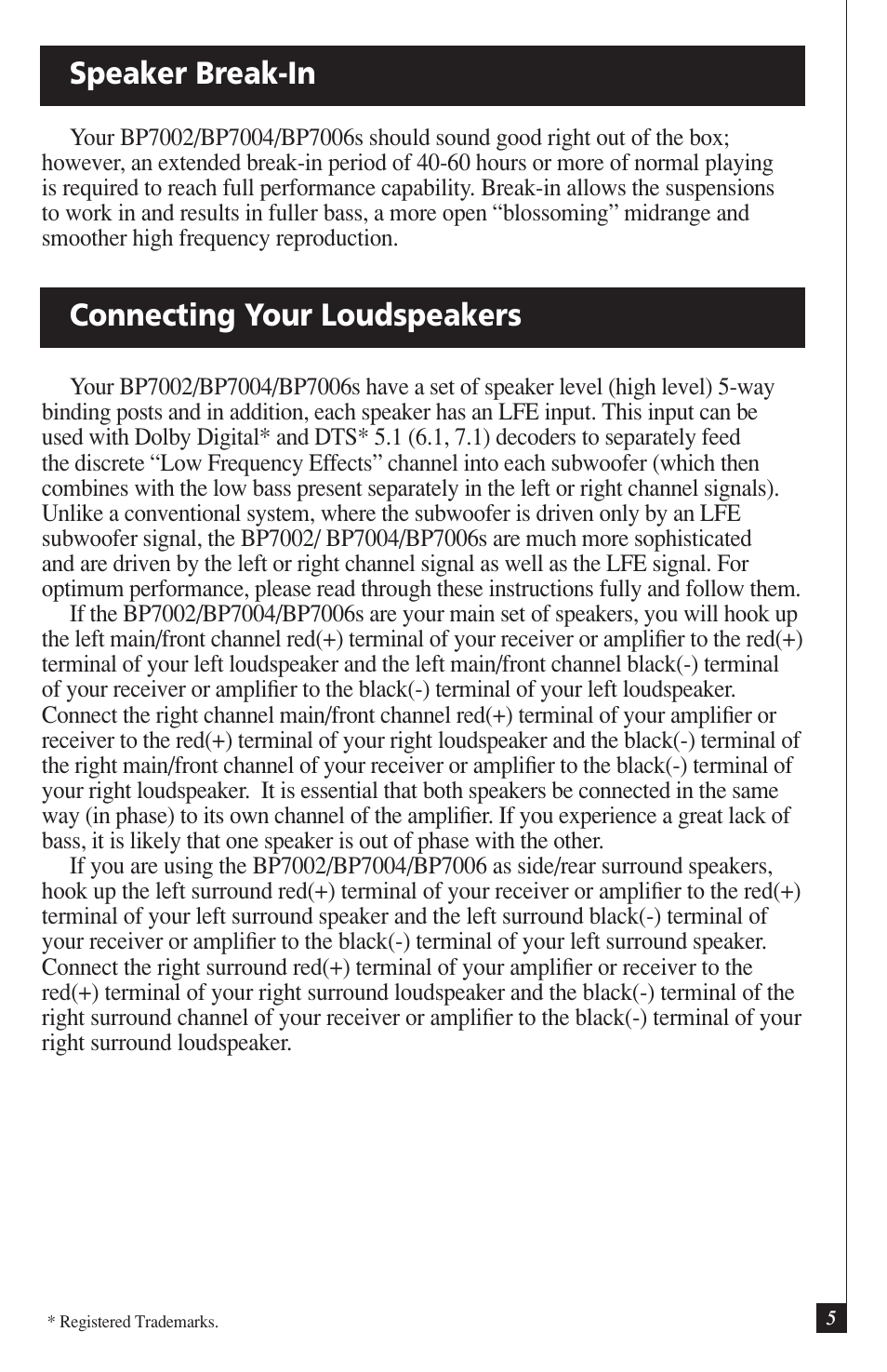 Speaker break-in connecting your loudspeakers | Definitive Technology DEFINITIVE BP7004 User Manual | Page 5 / 12