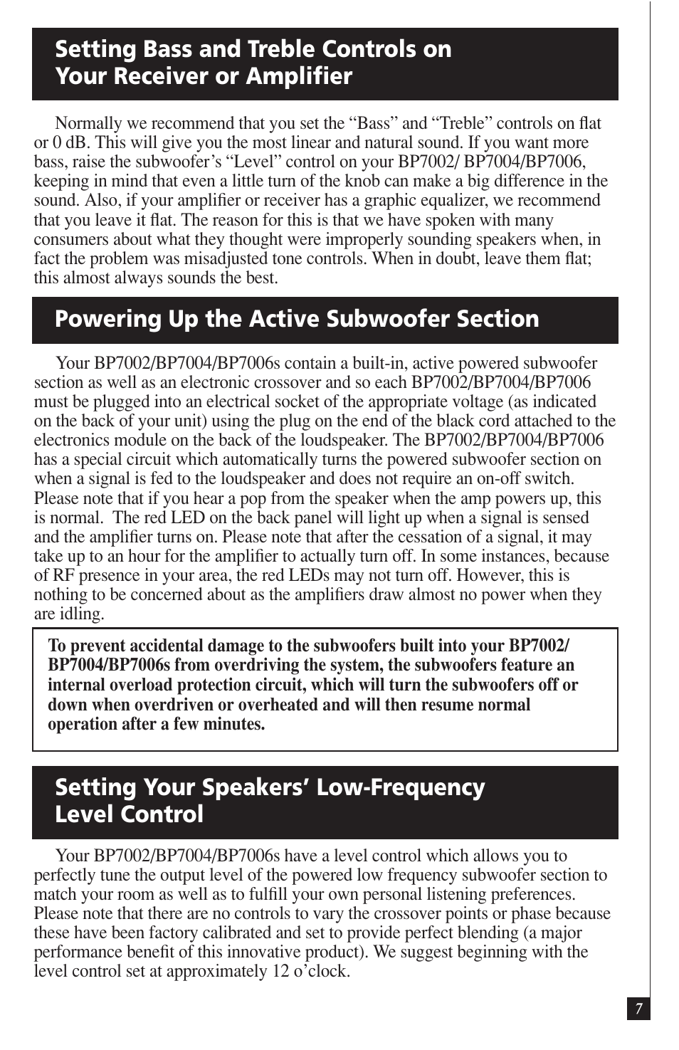 Setting your speakers’ low-frequency level control | Definitive Technology DEFINITIVE BP7004 User Manual | Page 7 / 12
