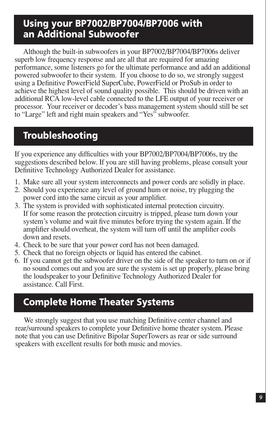 Troubleshooting complete home theater systems | Definitive Technology DEFINITIVE BP7004 User Manual | Page 9 / 12