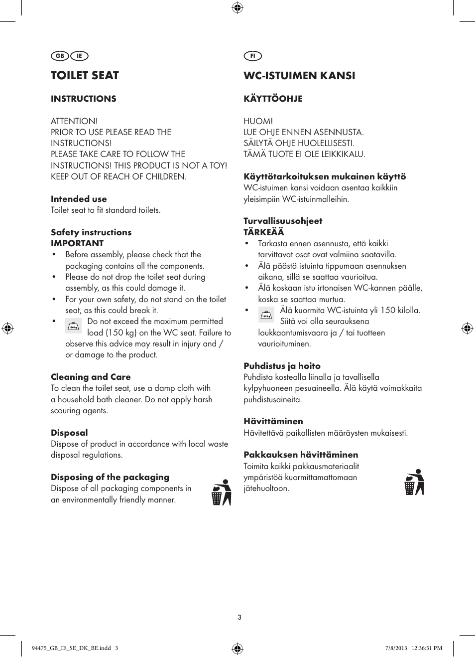 Toilet seat, Wc-istuimen kansi | Miomare Z31737A/Z31737B User Manual | Page 3 / 7