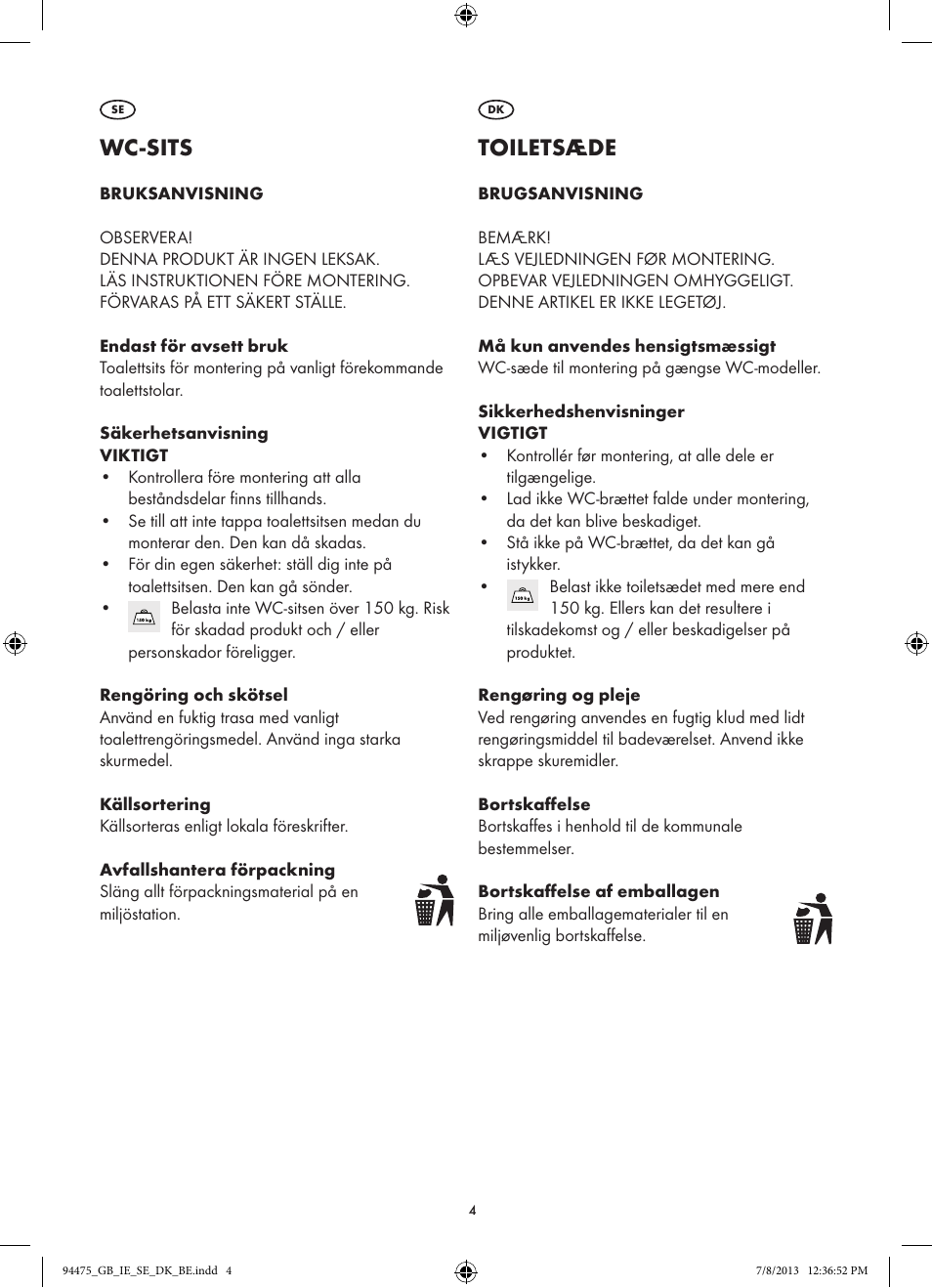 Wc-sits, Toiletsæde | Miomare Z31737A/Z31737B User Manual | Page 4 / 7
