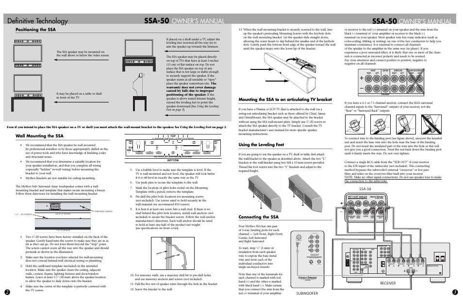 Ssa-50, Definitive technology, Owner’s manual | Wall mounting the ssa, Positioning the ssa, Mounting the ssa to an articulating tv bracket, Using the leveling feet, Connecting the ssa, Subwoofer, Receiver | Definitive Technology Mythos Solo Surround Array SSA-50 User Manual | Page 2 / 4