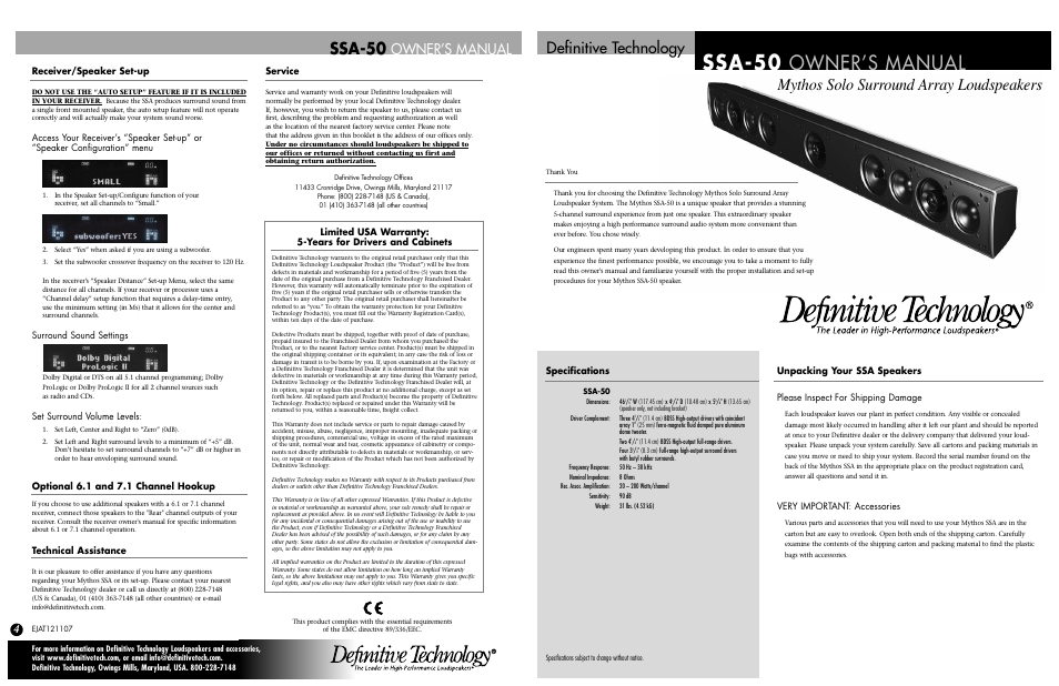 Ssa-50, Mythos solo surround array loudspeakers, Definitive technology | Owner’s manual, Service, Very important: accessories, Specifications, Receiver/speaker set-up, Surround sound settings, Set surround volume levels | Definitive Technology Mythos Solo Surround Array SSA-50 User Manual | Page 4 / 4