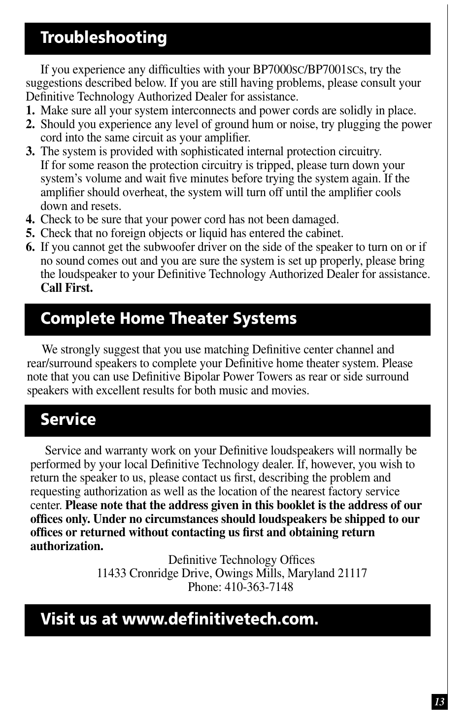 Troubleshooting complete home theater systems | Definitive Technology BP7001SC User Manual | Page 13 / 15