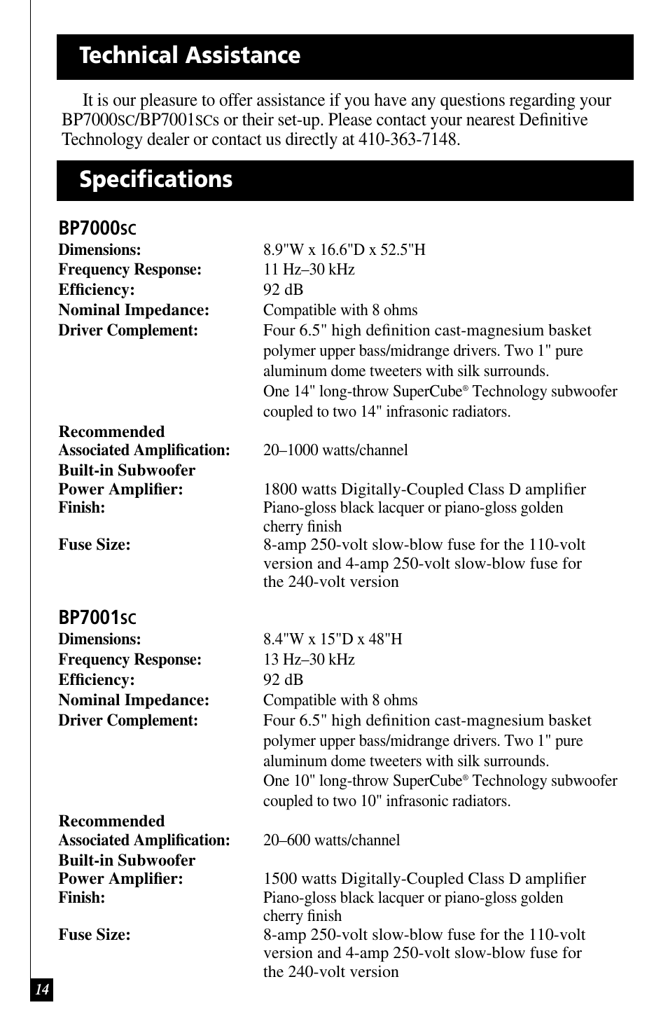 Technical assistance, Specifications, Bp7000 | Bp7001 | Definitive Technology BP7001SC User Manual | Page 14 / 15