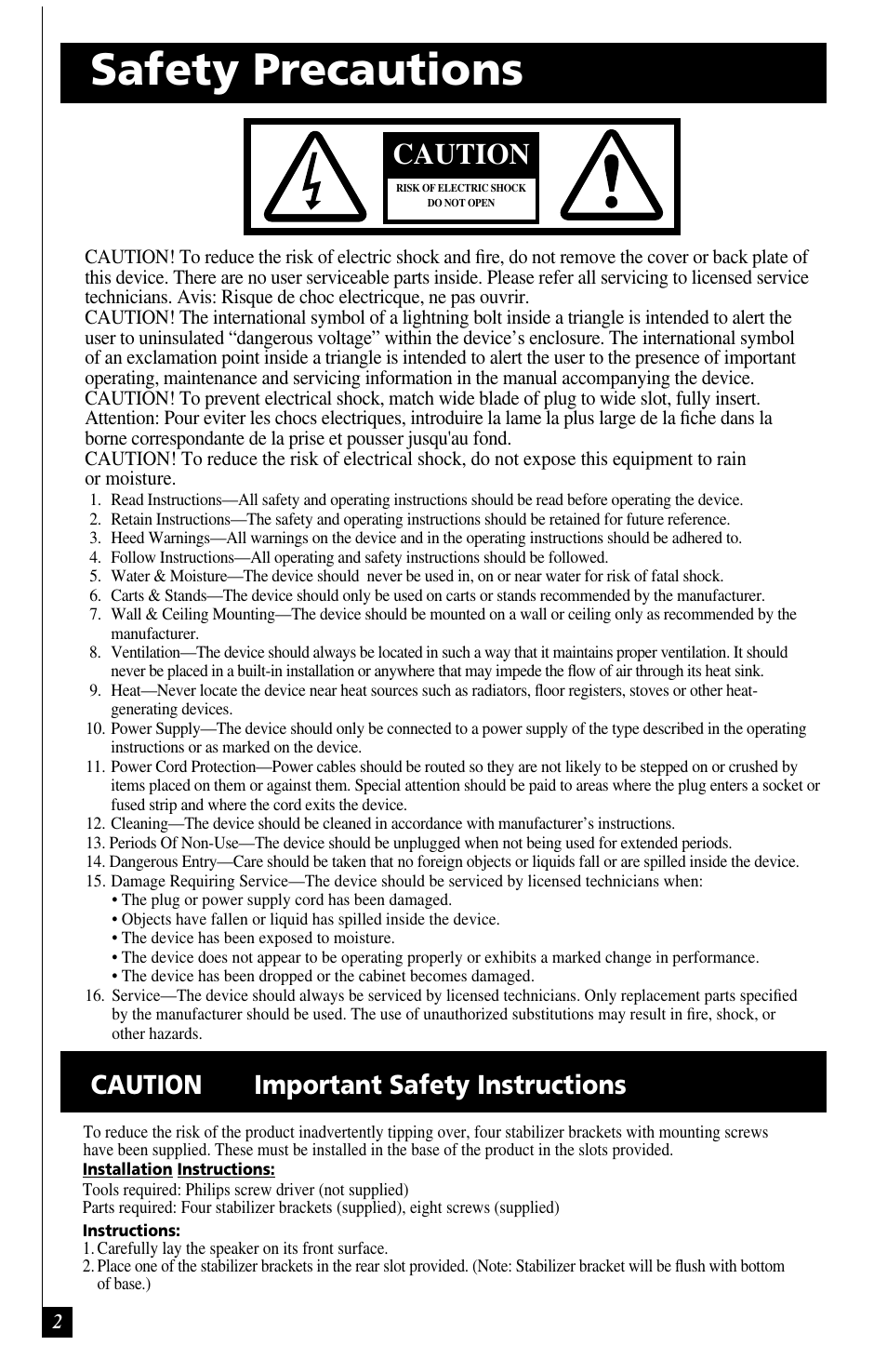 Safety precautions, Caution, Caution important safety instructions | Definitive Technology BP7001SC User Manual | Page 2 / 15