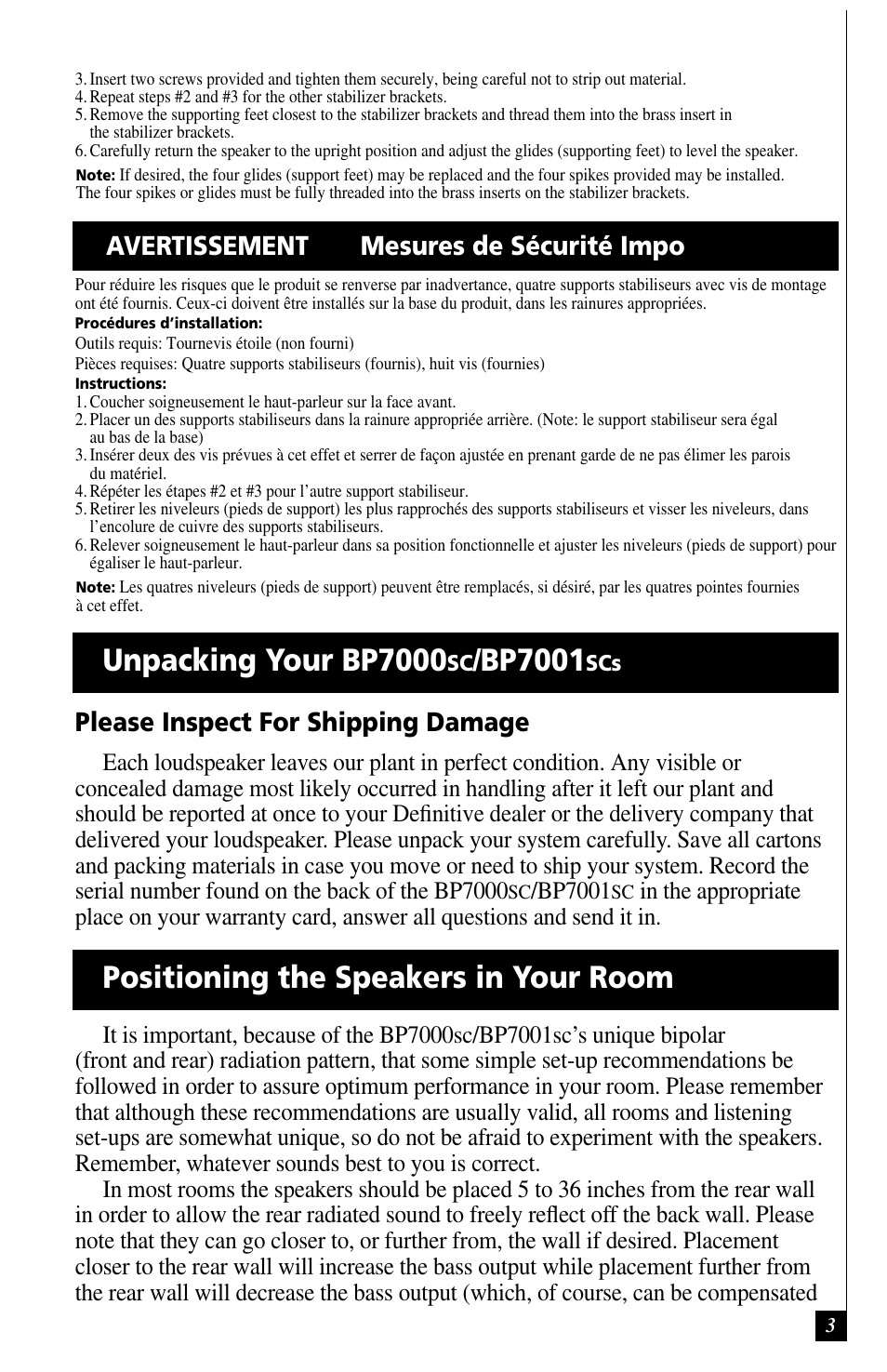 Unpacking your bp7000, Positioning the speakers in your room, Please inspect for shipping damage | Avertissement mesures de sécurité impo rtantes, Bp7001 | Definitive Technology BP7001SC User Manual | Page 3 / 15