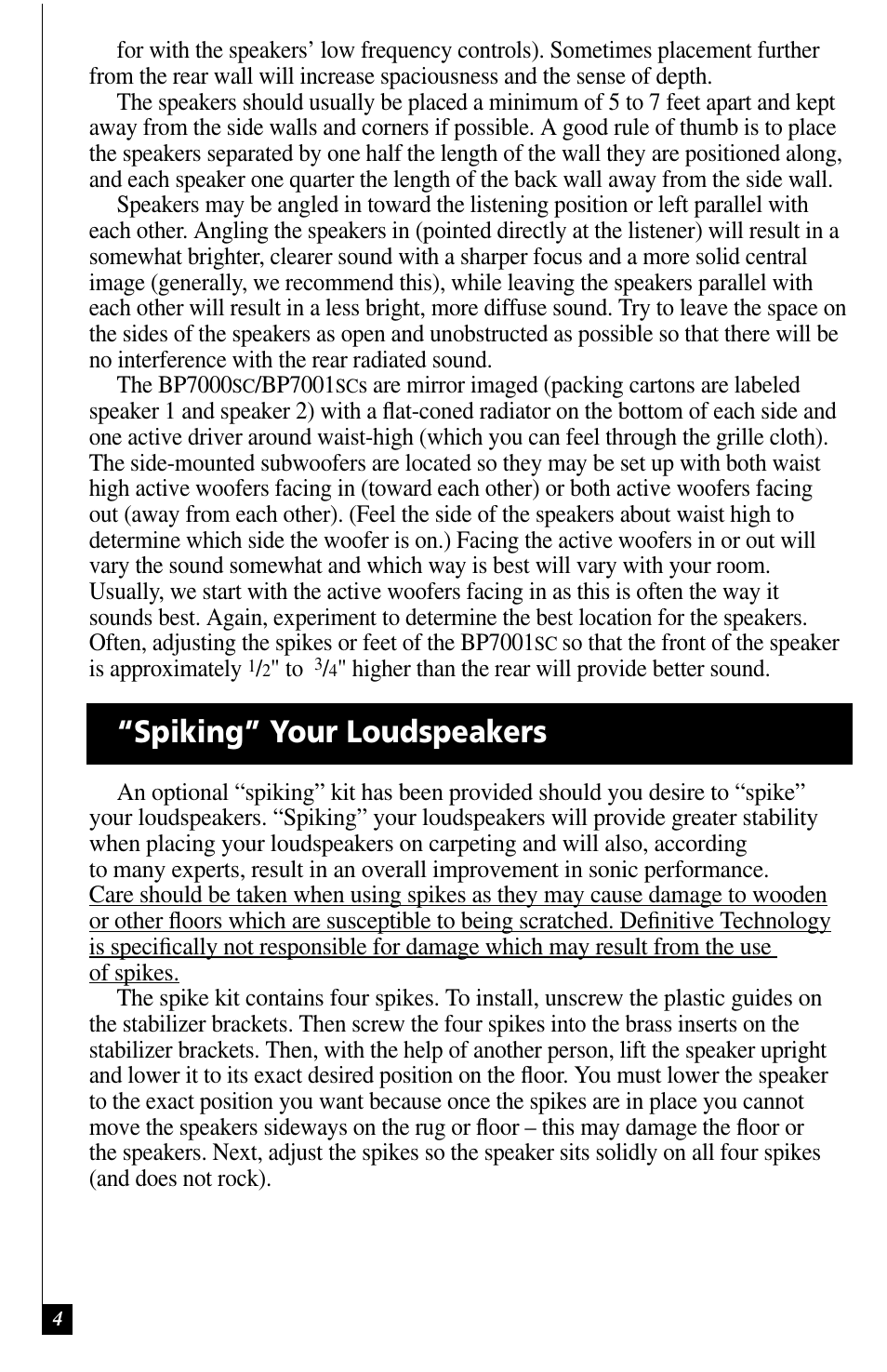 Spiking” your loudspeakers | Definitive Technology BP7001SC User Manual | Page 4 / 15