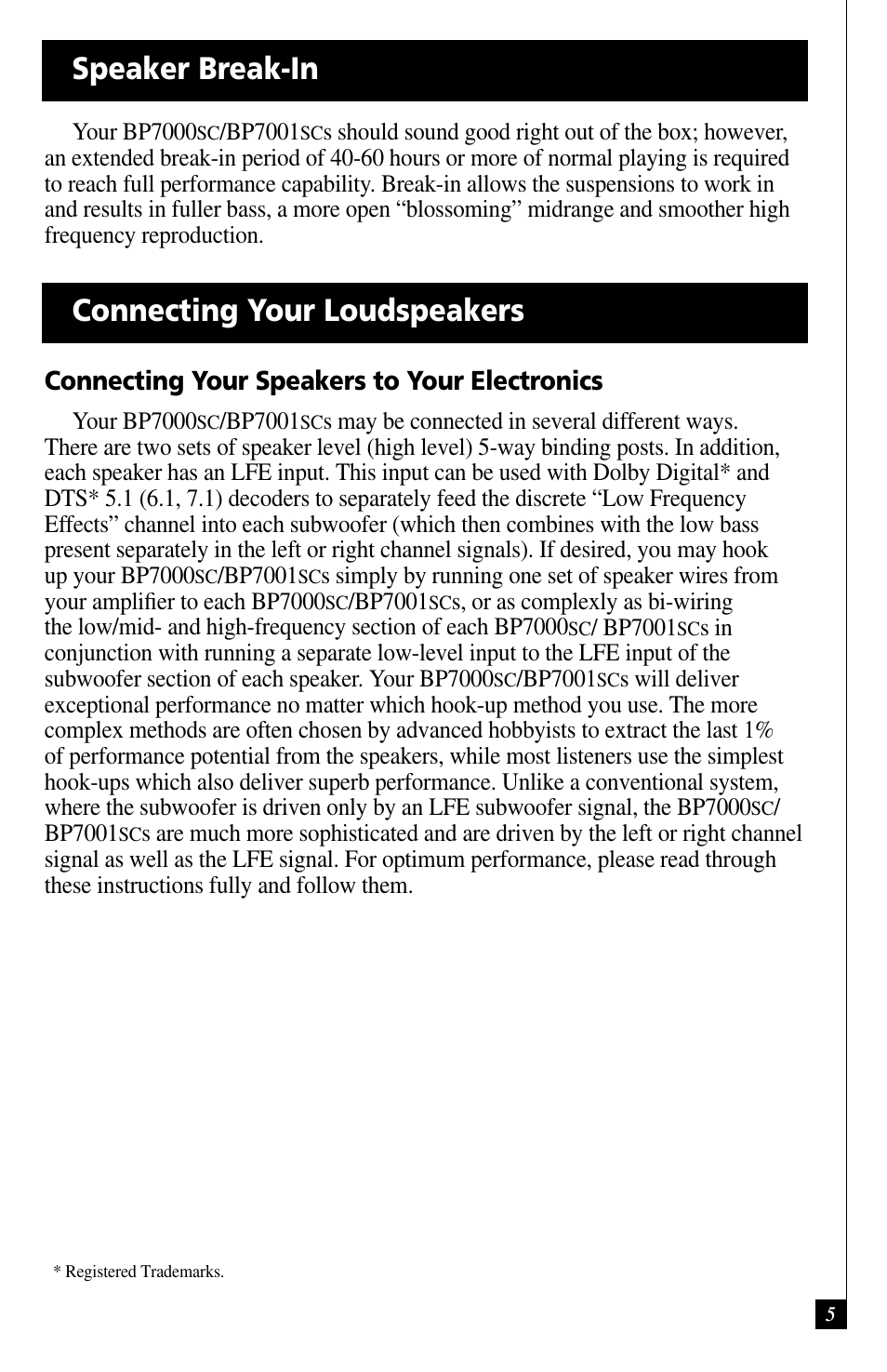 Speaker break-in connecting your loudspeakers, Connecting your speakers to your electronics | Definitive Technology BP7001SC User Manual | Page 5 / 15