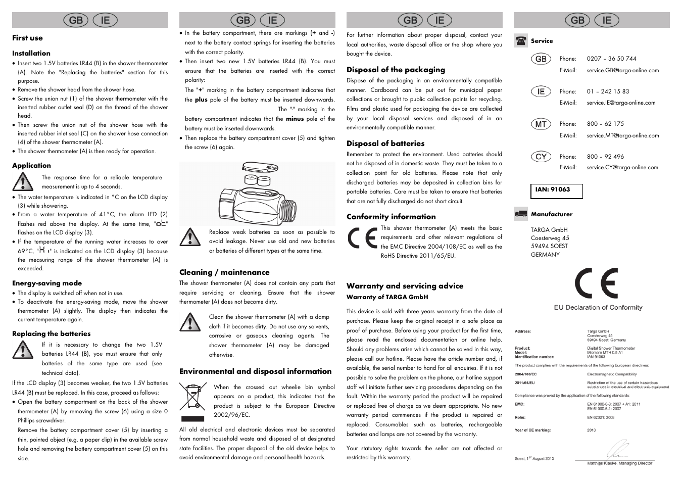 First use, Cleaning / maintenance, Environmental and disposal information | Disposal of the packaging, Disposal of batteries, Conformity information, Warranty and servicing advice | Miomare MTH 0.5 A1 User Manual | Page 2 / 6