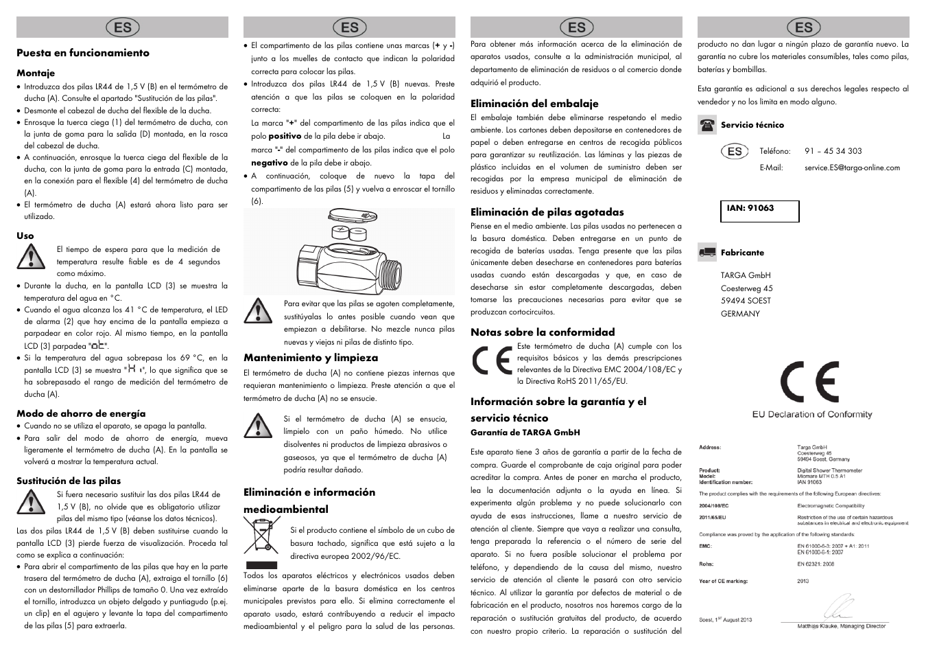 Puesta en funcionamiento, Mantenimiento y limpieza, Eliminación e información medioambiental | Eliminación del embalaje, Eliminación de pilas agotadas, Notas sobre la conformidad | Miomare MTH 0.5 A1 User Manual | Page 4 / 6