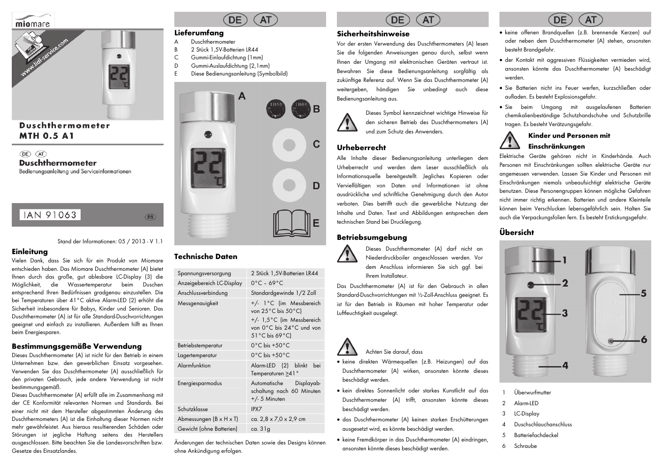 Einleitung, Bestimmungsgemäße verwendung, Lieferumfang | Technische daten, Sicherheitshinweise, Urheberrecht, Betriebsumgebung, Übersicht | Miomare MTH 0.5 A1 User Manual | Page 5 / 6