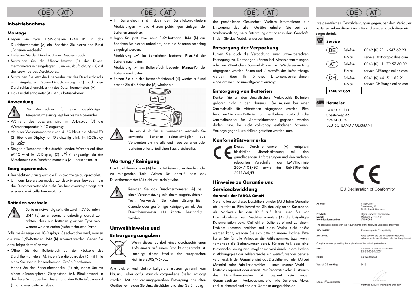 Inbetriebnahme, Wartung / reinigung, Umwelthinweise und entsorgungsangaben | Entsorgung der verpackung, Entsorgung von batterien, Konformitätsvermerke, Hinweise zu garantie und serviceabwicklung | Miomare MTH 0.5 A1 User Manual | Page 6 / 6