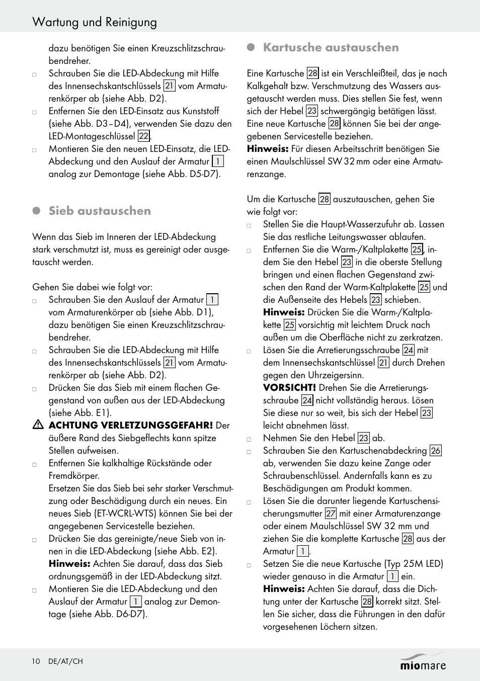 Wartung und reinigung, Sieb austauschen, Kartusche austauschen | Miomare LED Washbasin Fitting / LED Bath/Shower Fitting User Manual | Page 10 / 37