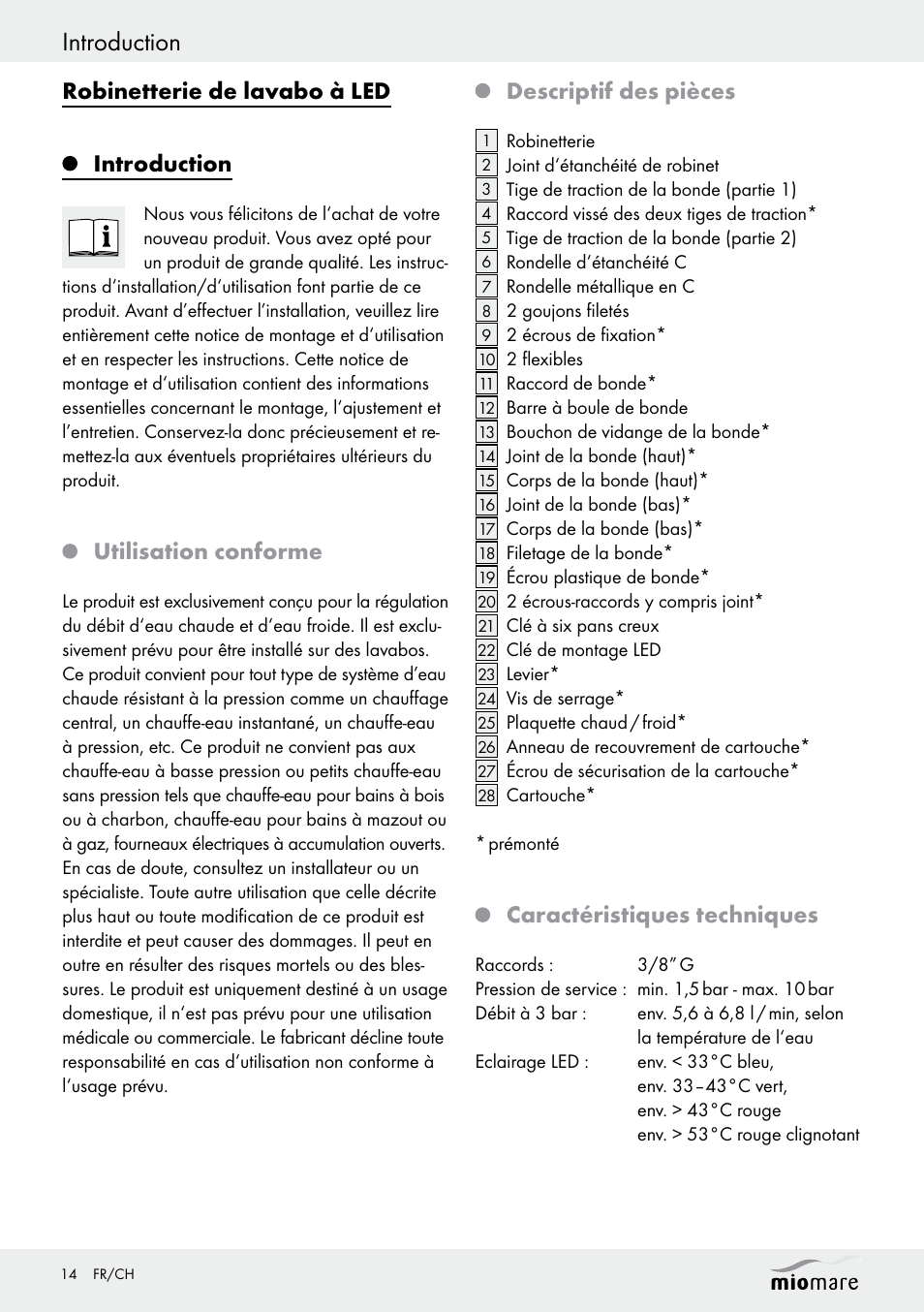 Introduction, Robinetterie de lavabo à led introduction, Utilisation conforme | Descriptif des pièces, Caractéristiques techniques | Miomare LED Washbasin Fitting / LED Bath/Shower Fitting User Manual | Page 14 / 37