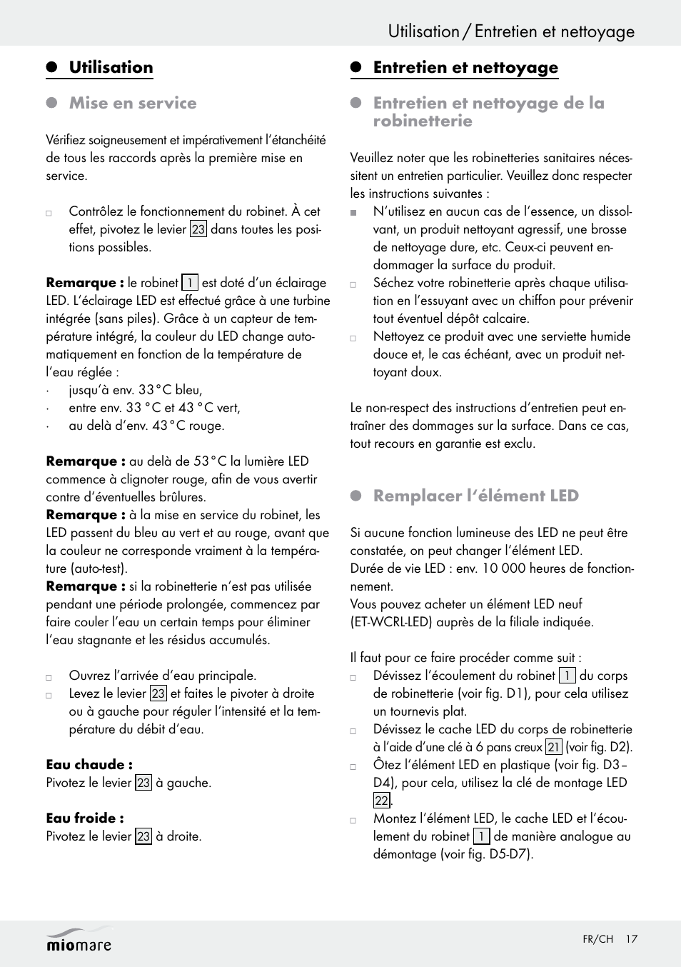 Utilisation / entretien et nettoyage, Utilisation mise en service, Remplacer l‘élément led | Miomare LED Washbasin Fitting / LED Bath/Shower Fitting User Manual | Page 17 / 37