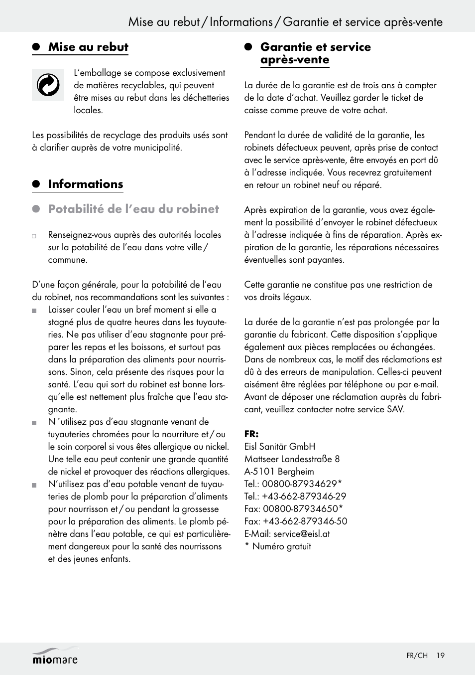 Mise au rebut, Informations potabilité de l’eau du robinet, Garantie et service après-vente | Miomare LED Washbasin Fitting / LED Bath/Shower Fitting User Manual | Page 19 / 37