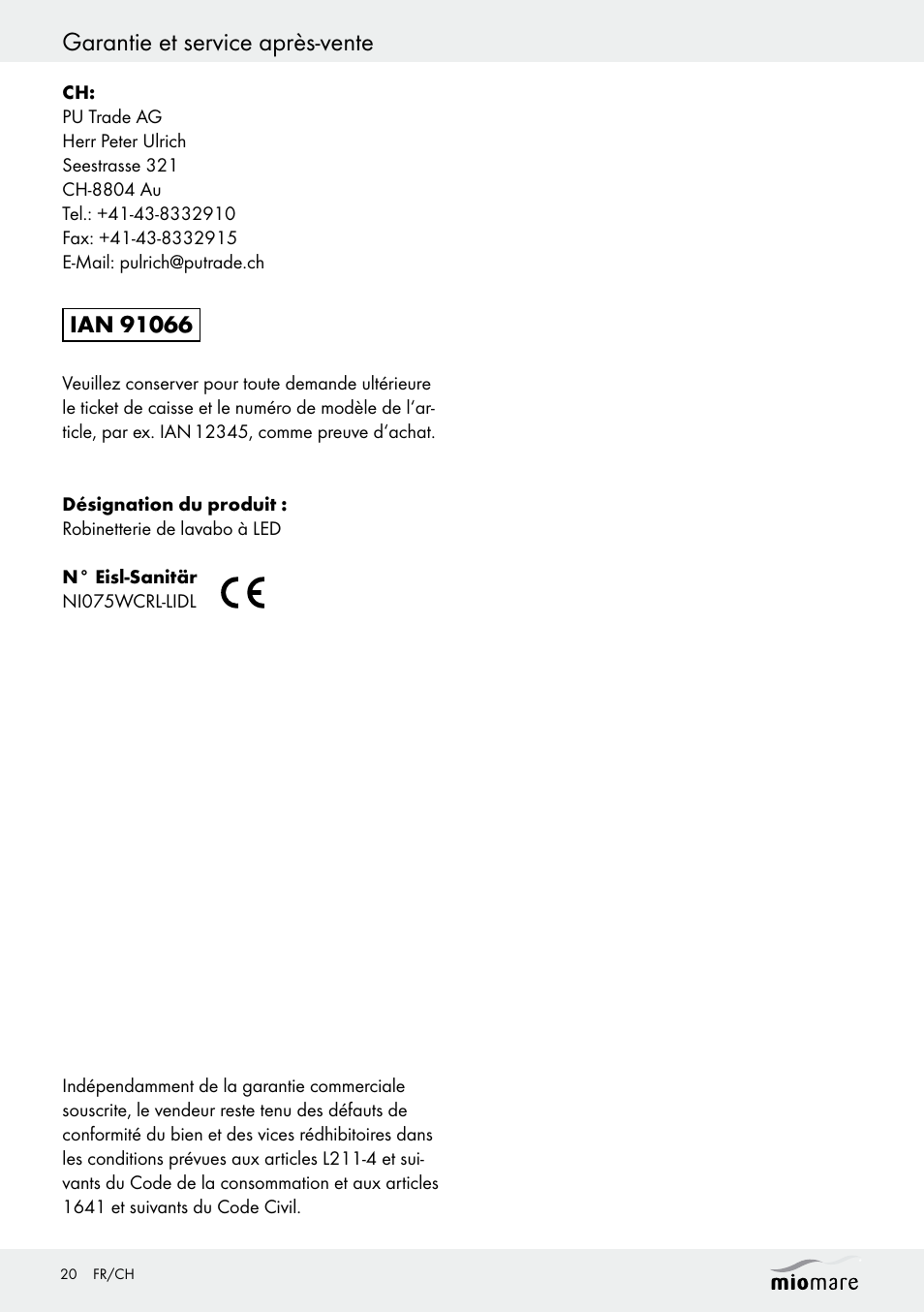 Garantie et service après-vente | Miomare LED Washbasin Fitting / LED Bath/Shower Fitting User Manual | Page 20 / 37