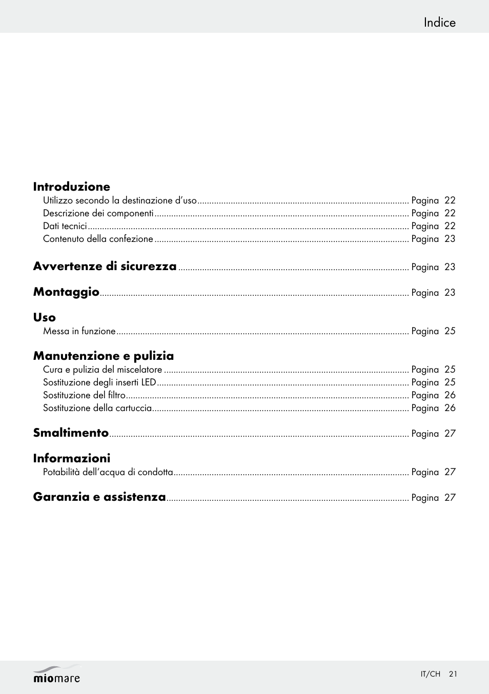 Indice | Miomare LED Washbasin Fitting / LED Bath/Shower Fitting User Manual | Page 21 / 37