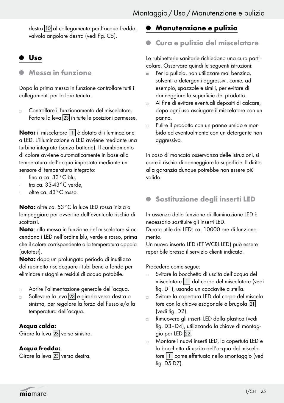 Montaggio / uso / manutenzione e pulizia, Uso messa in funzione, Sostituzione degli inserti led | Miomare LED Washbasin Fitting / LED Bath/Shower Fitting User Manual | Page 25 / 37