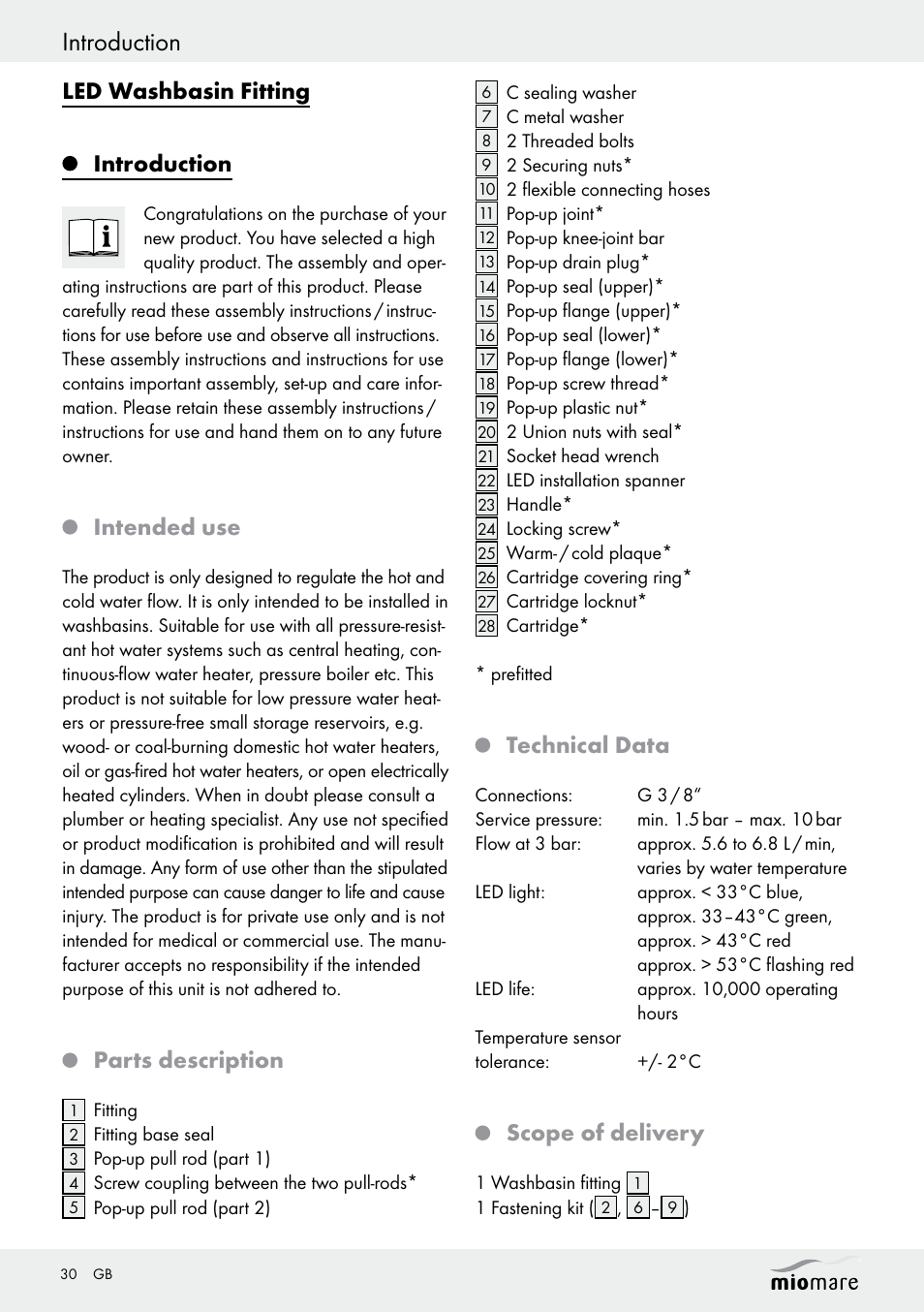 Introduction, Led washbasin fitting introduction, Intended use | Parts description, Technical data, Scope of delivery | Miomare LED Washbasin Fitting / LED Bath/Shower Fitting User Manual | Page 30 / 37