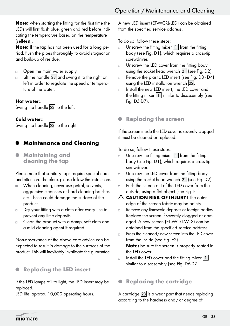Operation / maintenance and cleaning, Replacing the led insert, Replacing the screen | Replacing the cartridge | Miomare LED Washbasin Fitting / LED Bath/Shower Fitting User Manual | Page 33 / 37