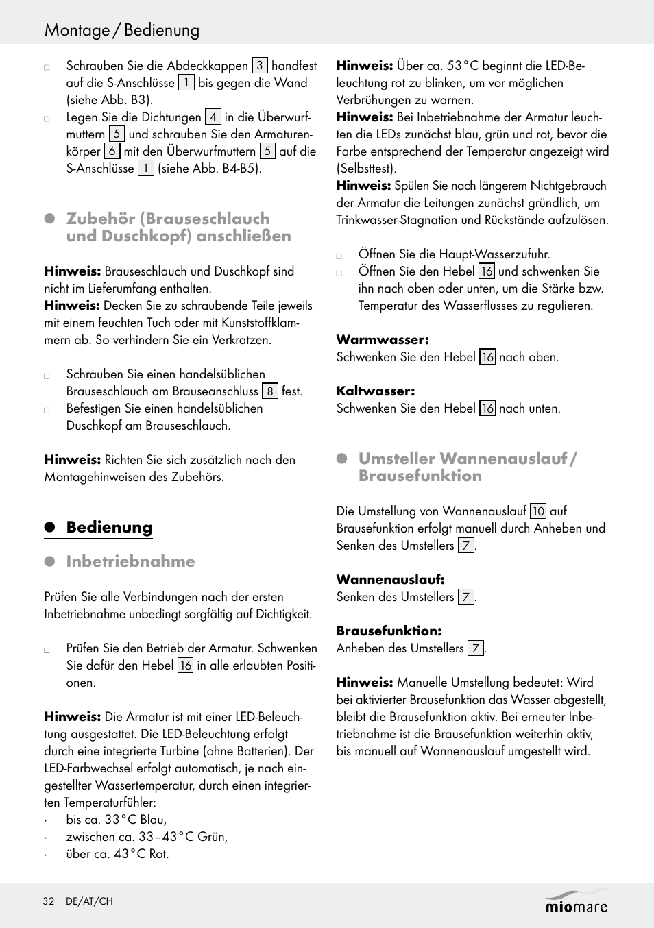 Montage / bedienung, Zubehör (brauseschlauch und duschkopf) anschließen, Bedienung inbetriebnahme | Umsteller wannenauslauf / brausefunktion | Miomare LED Washbasin Fitting / LED Bath/Shower Fitting User Manual | Page 32 / 38