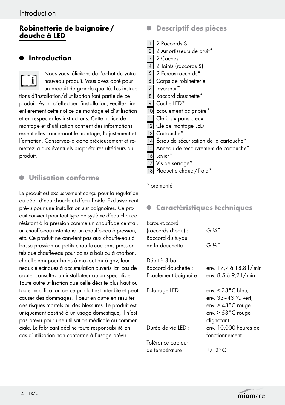 Introduction, Utilisation conforme, Descriptif des pièces | Caractéristiques techniques | Miomare LED Washbasin Fitting / LED Bath/Shower Fitting User Manual | Page 14 / 38