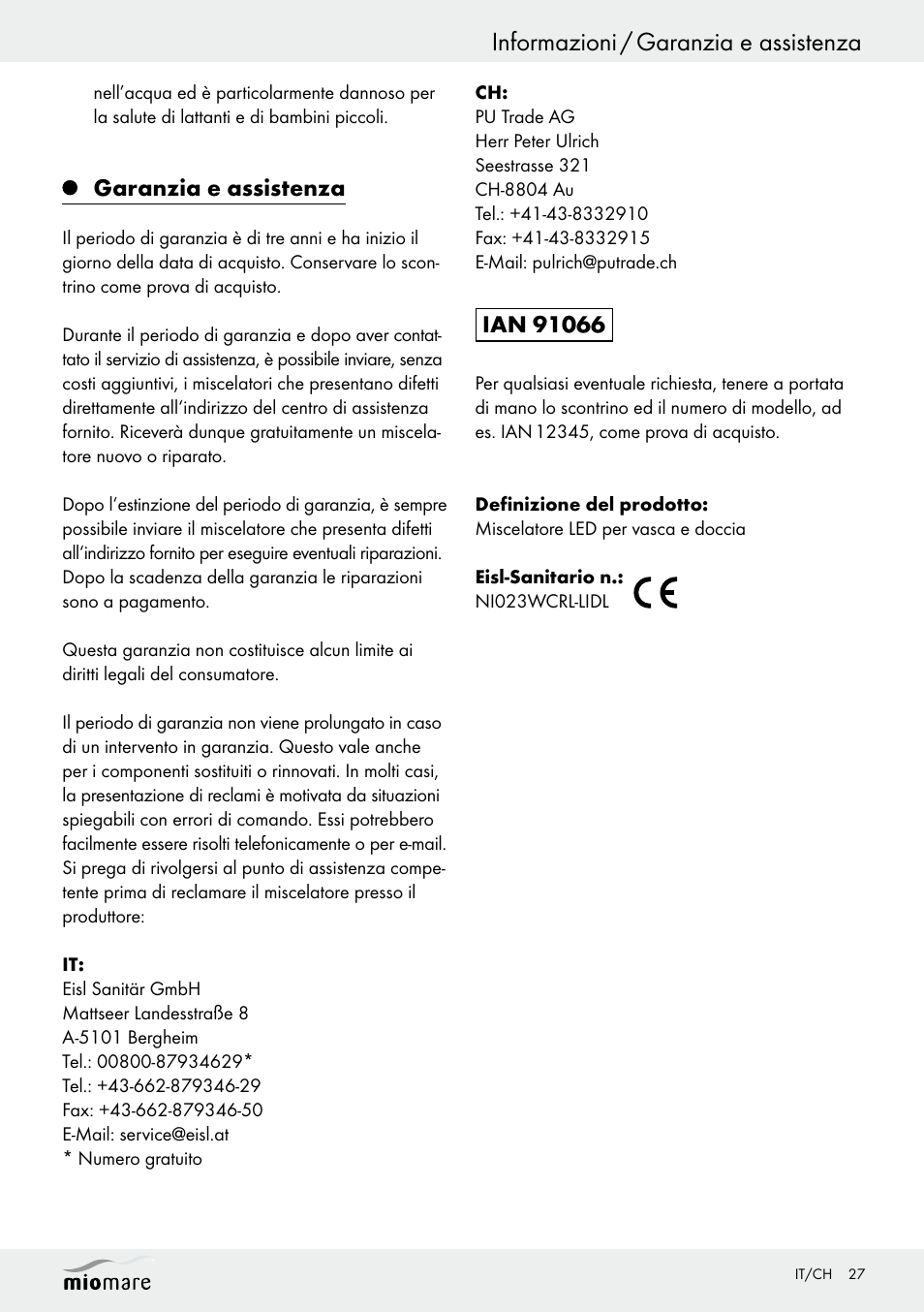 Informazioni / garanzia e assistenza, Garanzia e assistenza | Miomare LED Washbasin Fitting / LED Bath/Shower Fitting User Manual | Page 27 / 38