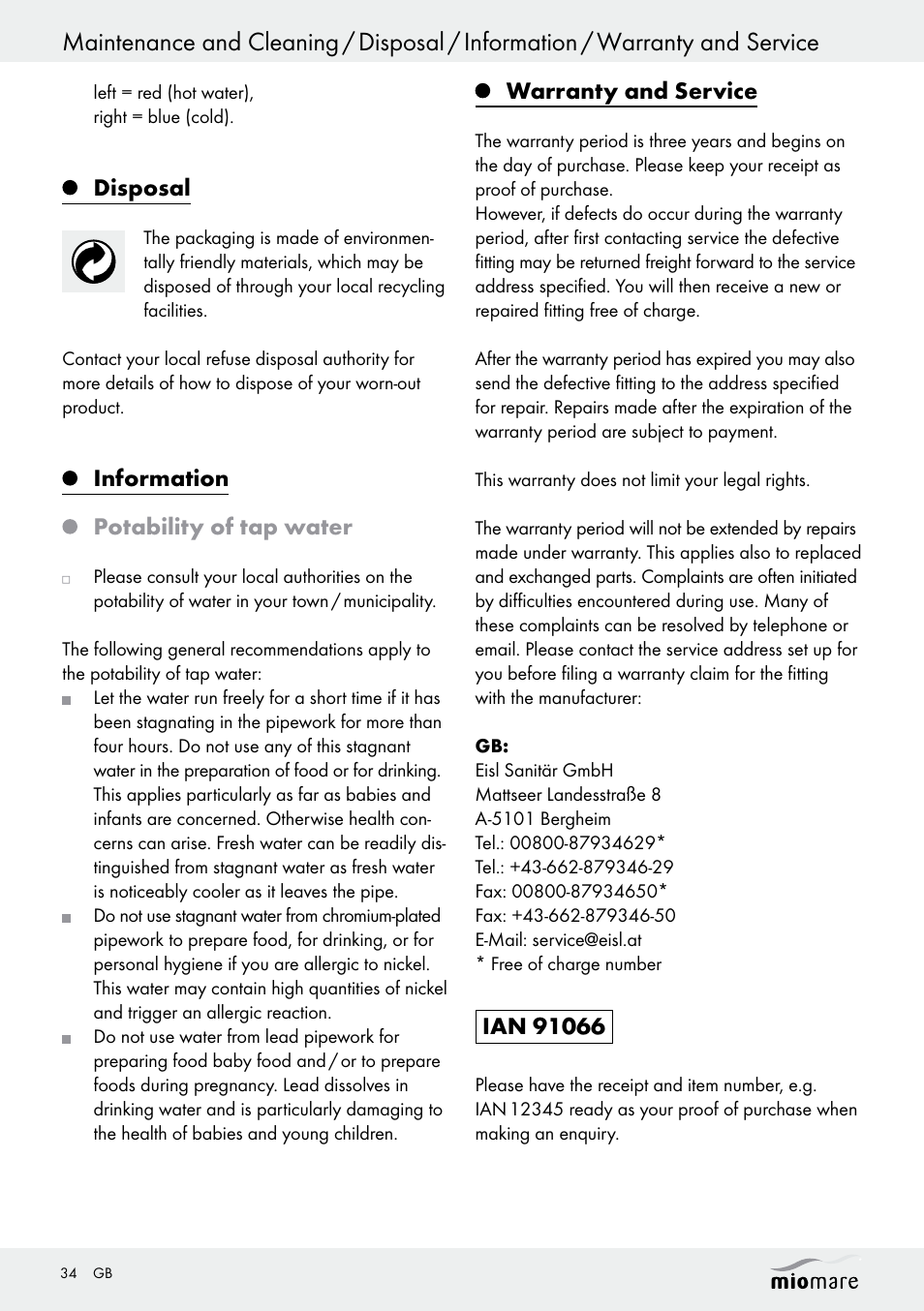 Disposal, Information potability of tap water, Warranty and service | Miomare LED Washbasin Fitting / LED Bath/Shower Fitting User Manual | Page 34 / 38