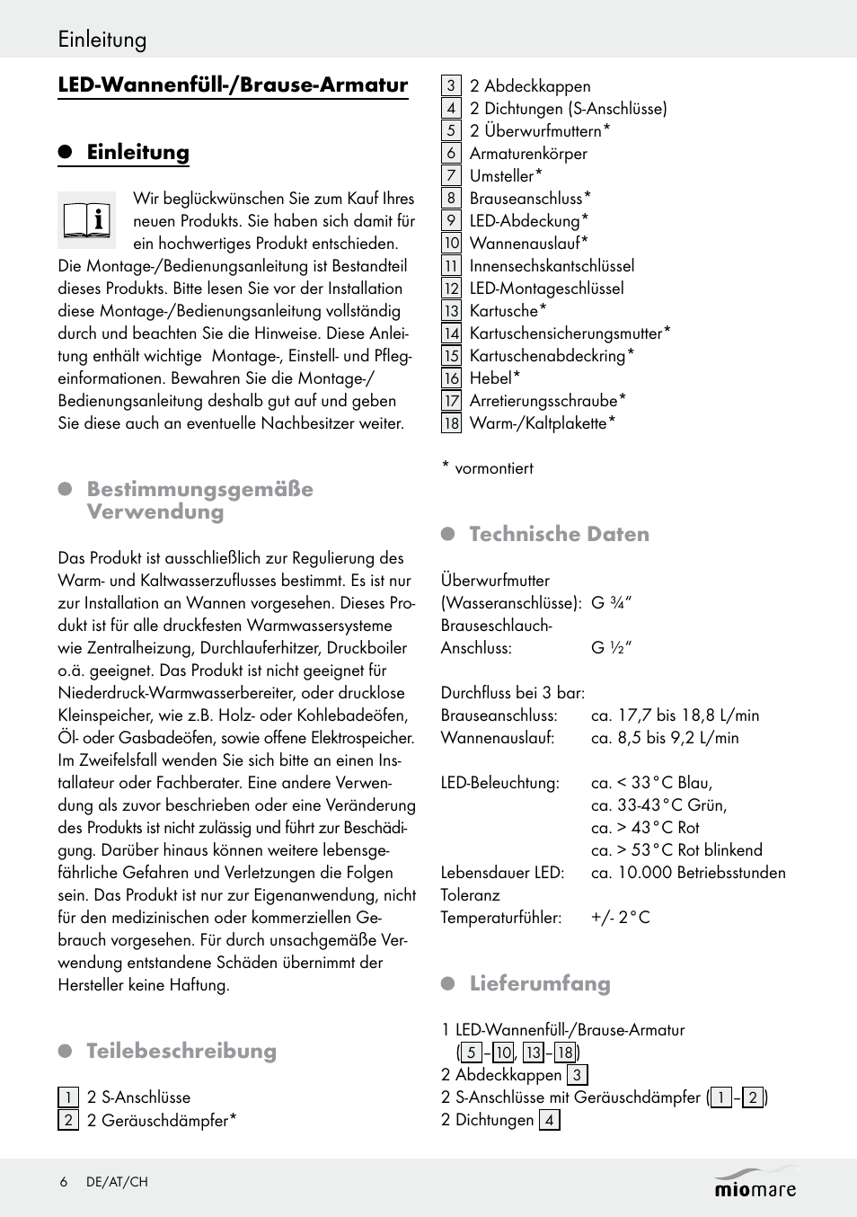 Einleitung, Led-wannenfüll-/brause-armatur einleitung, Bestimmungsgemäße verwendung | Teilebeschreibung, Technische daten, Lieferumfang | Miomare LED Washbasin Fitting / LED Bath/Shower Fitting User Manual | Page 6 / 38