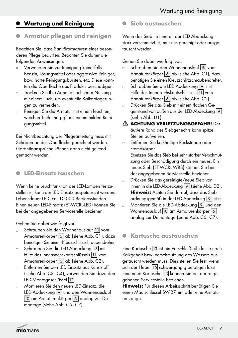 Wartung und reinigung, Wartung und reinigung armatur pflegen und reinigen, Led-einsatz tauschen | Sieb austauschen, Kartusche austauschen | Miomare LED Washbasin Fitting / LED Bath/Shower Fitting User Manual | Page 9 / 38