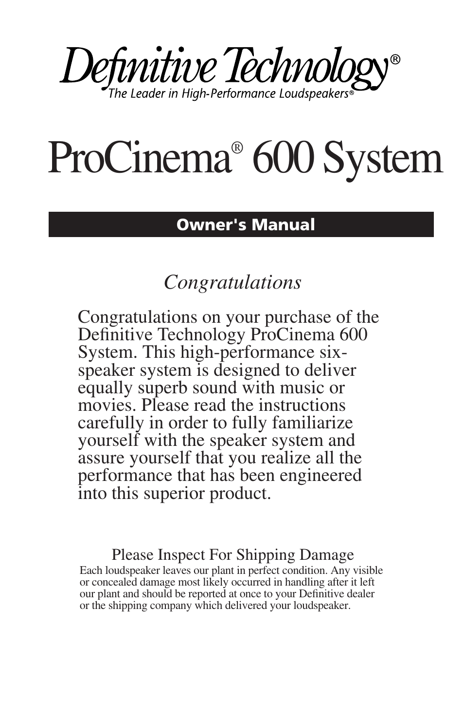 Definitive Technology PROCINEMA 600 User Manual | 12 pages