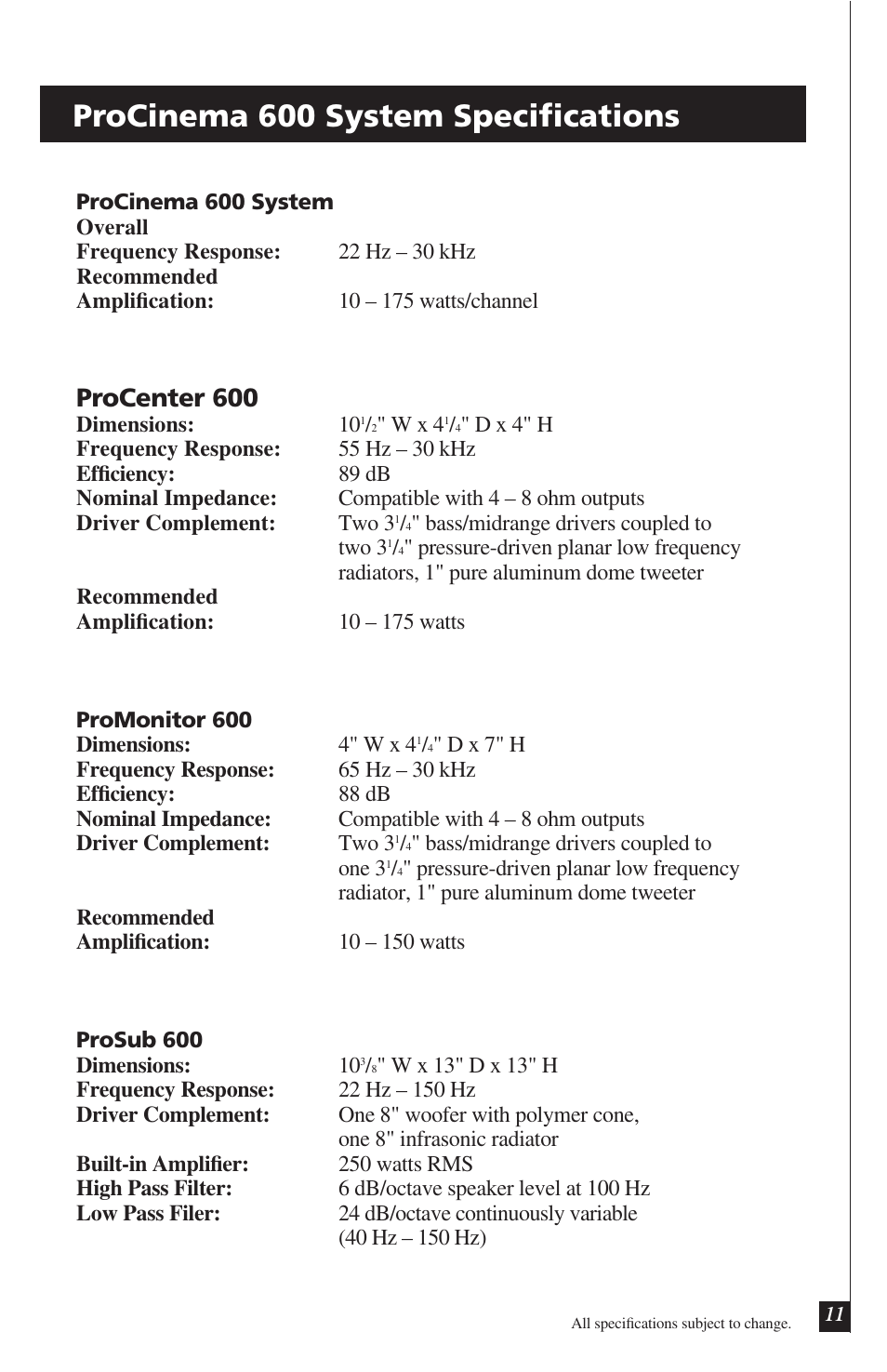 Procinema 600 system specifications, Procenter 600 | Definitive Technology PROCINEMA 600 User Manual | Page 11 / 12