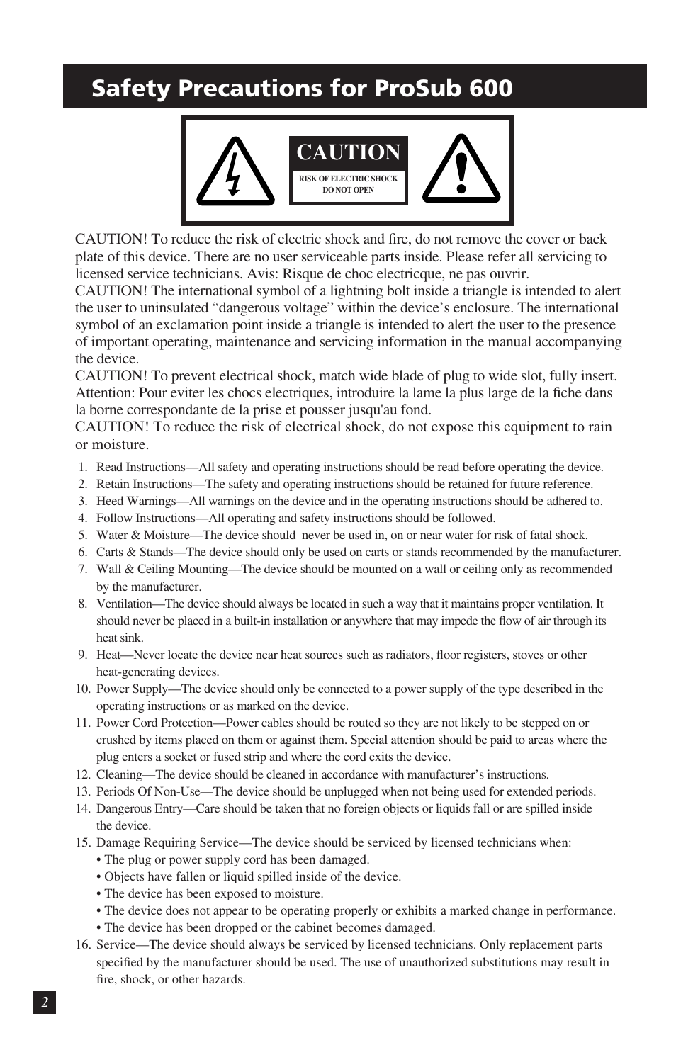 Safety precautions for prosub 600, Caution | Definitive Technology PROCINEMA 600 User Manual | Page 2 / 12