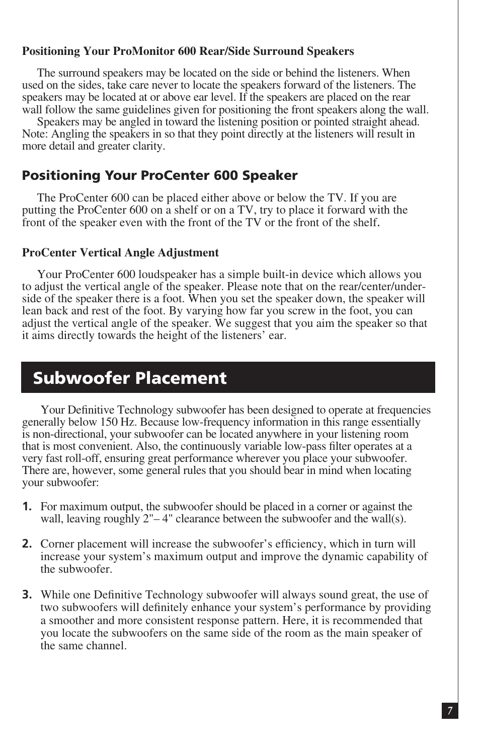 Subwoofer placement | Definitive Technology PROCINEMA 600 User Manual | Page 7 / 12