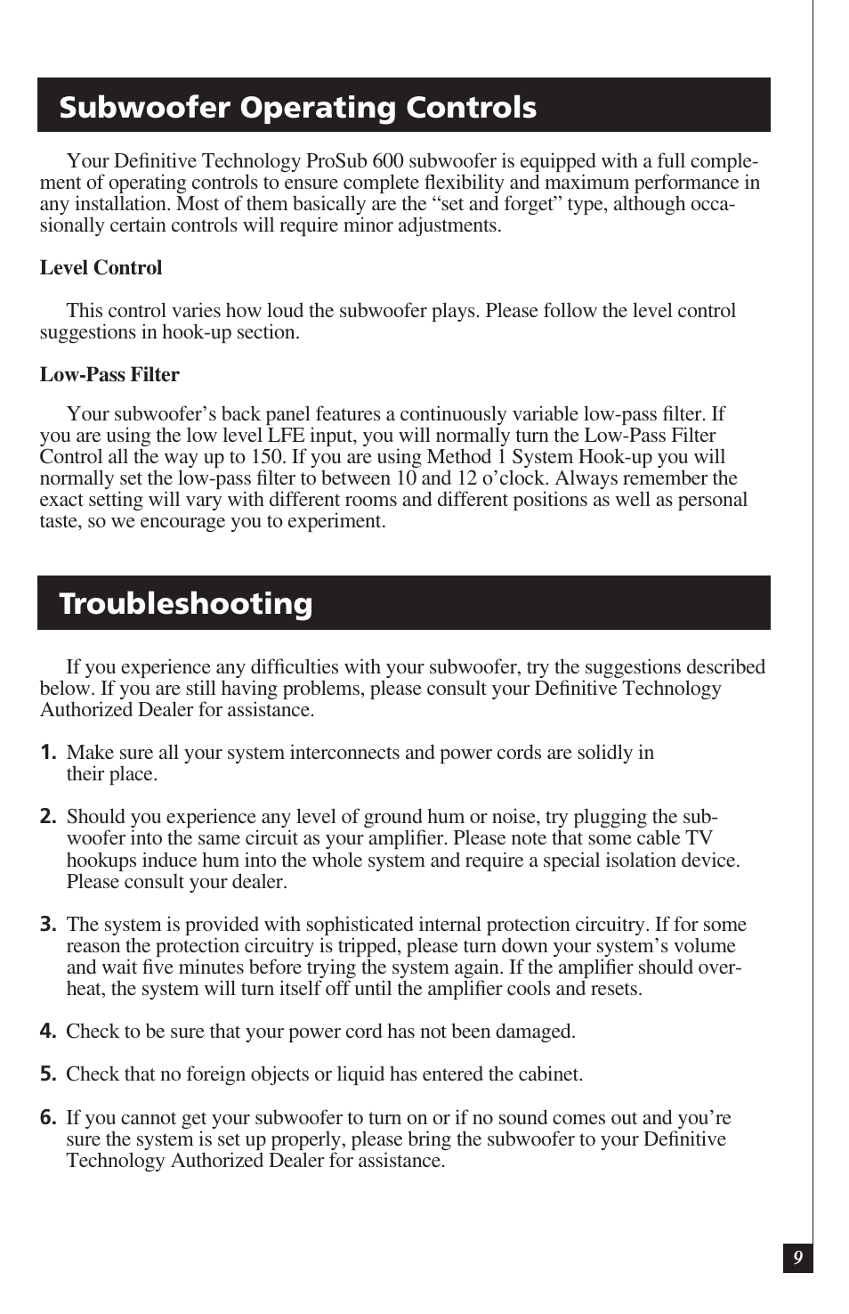 Troubleshooting, Subwoofer operating controls | Definitive Technology PROCINEMA 600 User Manual | Page 9 / 12