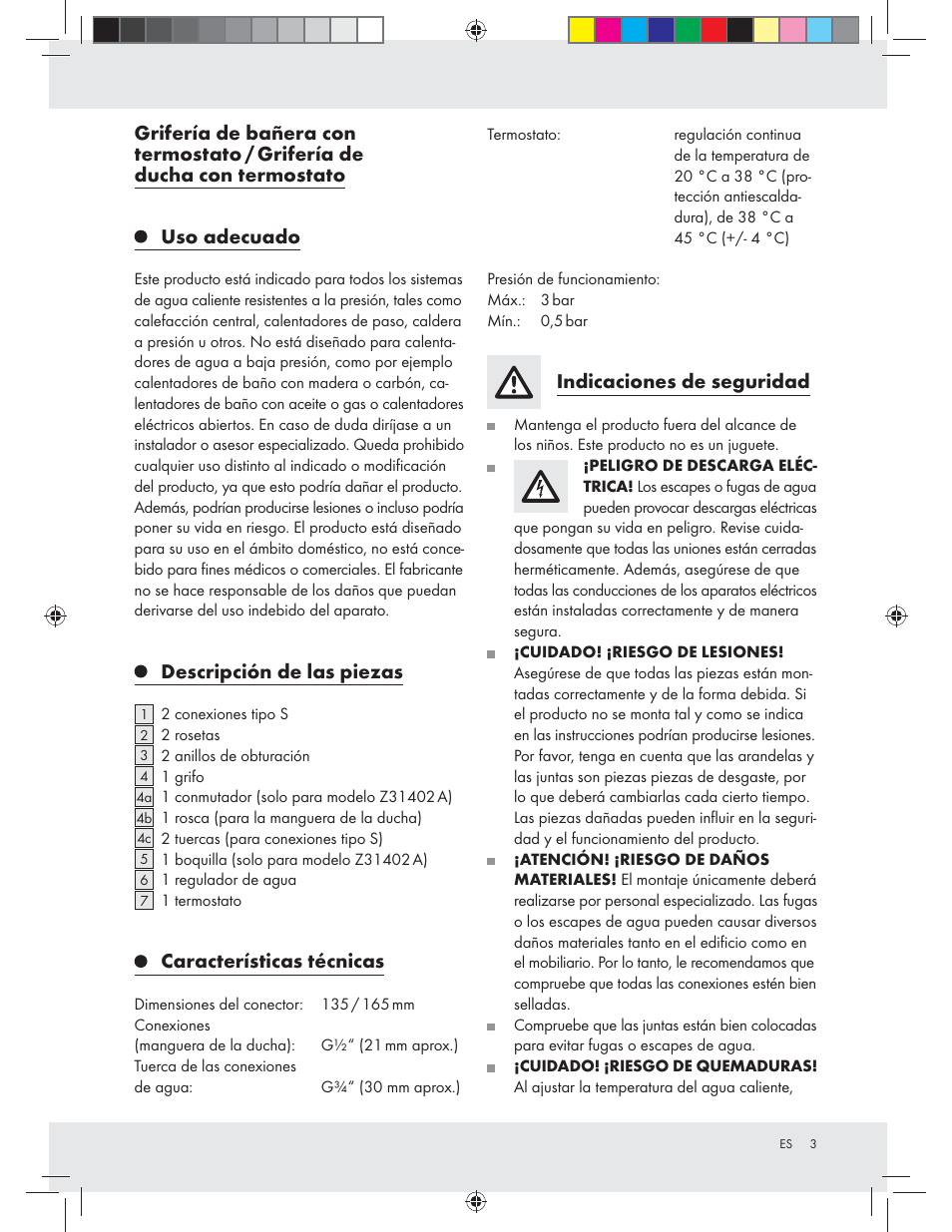Descripción de las piezas, Características técnicas, Indicaciones de seguridad | Miomare Z31402A / Z31402B User Manual | Page 3 / 16